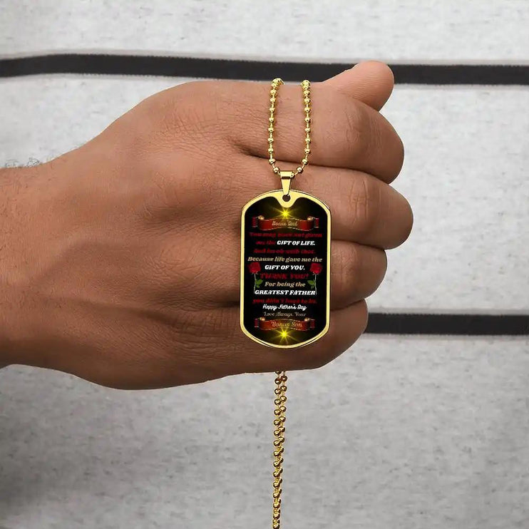 yellow gold graphic dog tag chain. 