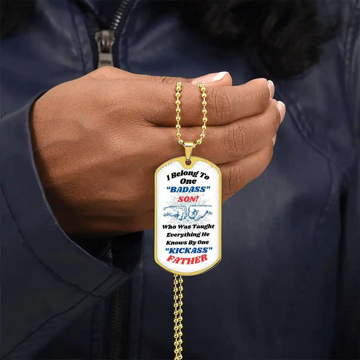 yellow gold graphic dog tag chain.