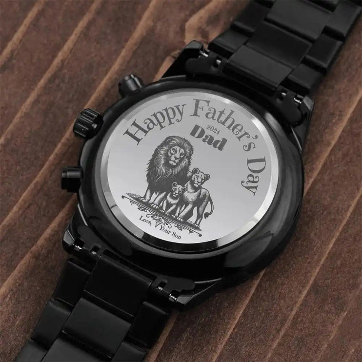 Engraved Chronograph Watch showing back design on a table.