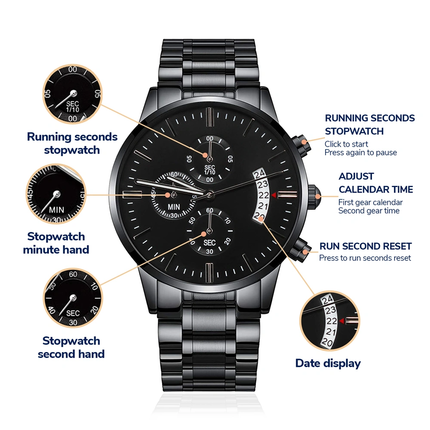 a black chronograph watch on a product spread sheet.