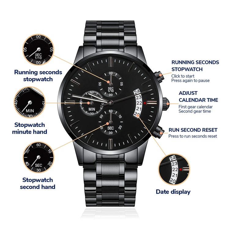 a black chronograph watch on a product spread sheet.