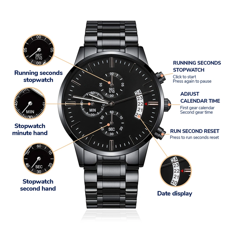 engraved chronograph watch details card