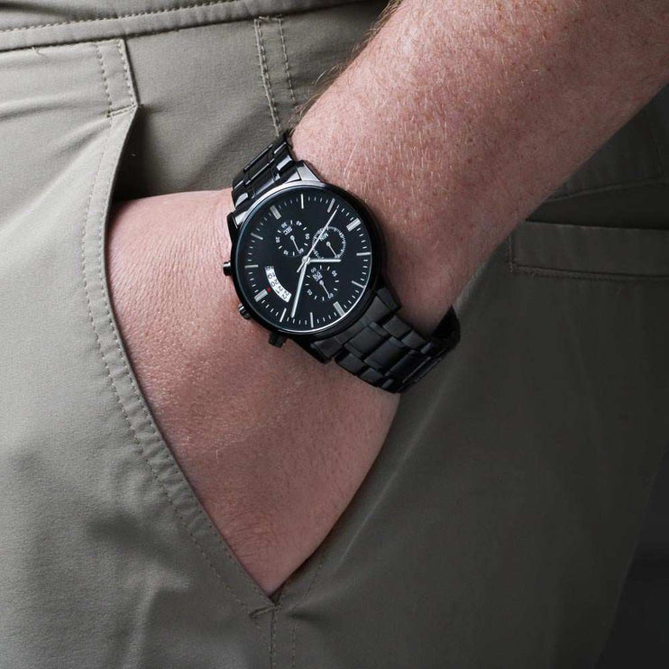 chronograph watch engraved on a model's wrist