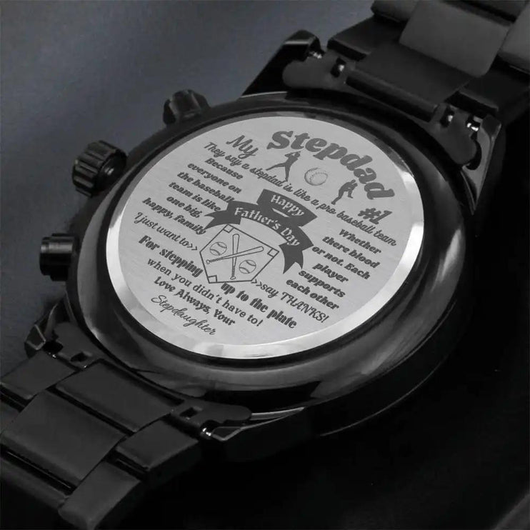 Engraved Chronograph Watch showing design on back.
