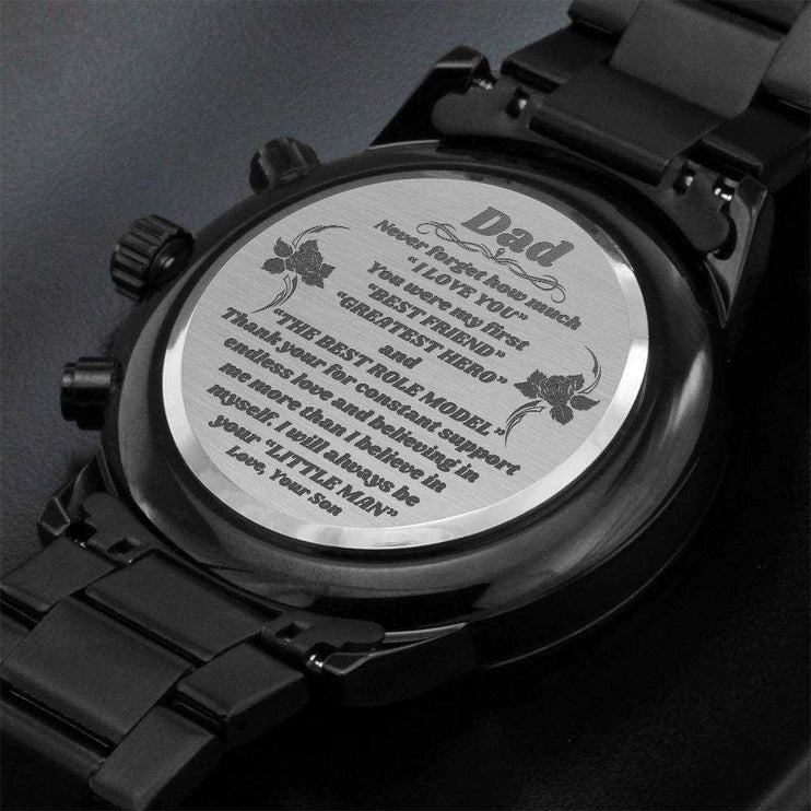 chronograph watch engraved showing engraving on back angled right