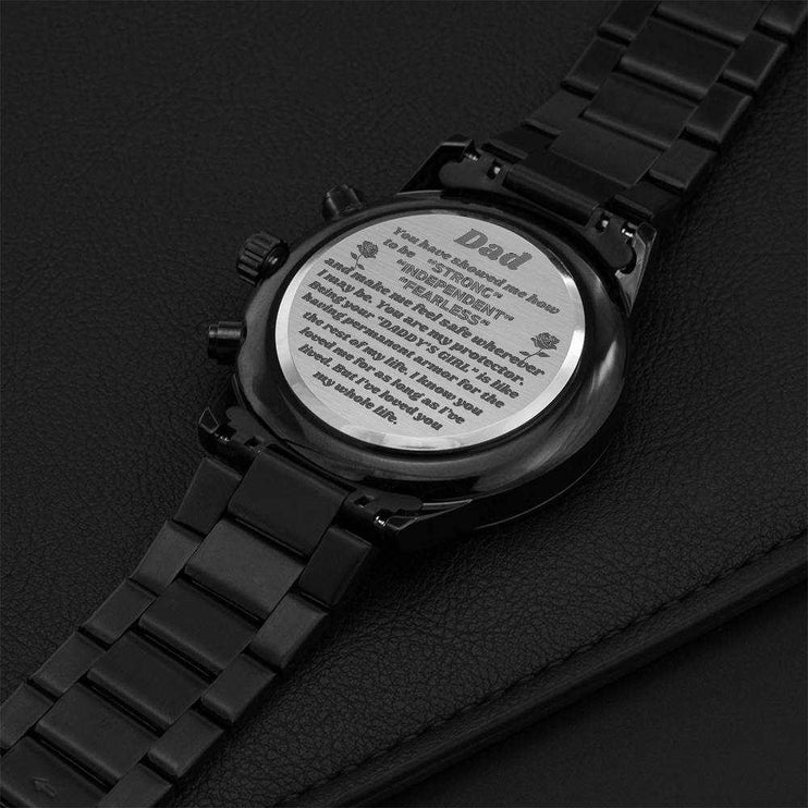 chronograph watch engraved showing back engraving on a black back