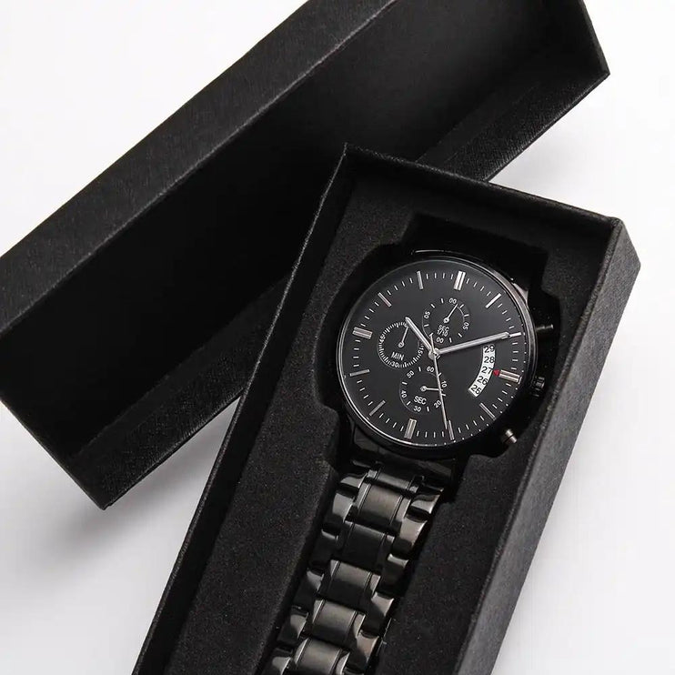 engraved chronograph watch in a soft box