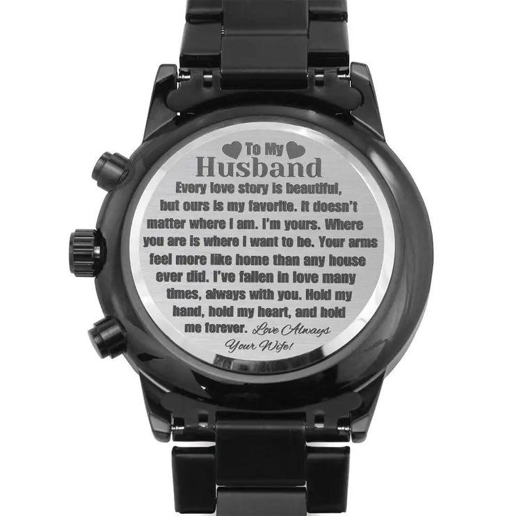 engraved chronograph watch showing heartfelt message on back