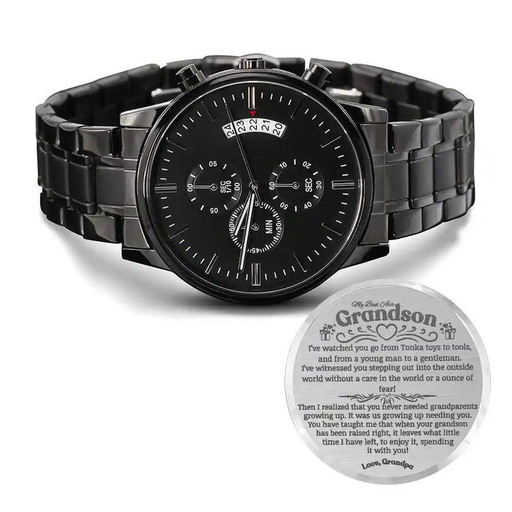 a black chronograph watch showing the message.
