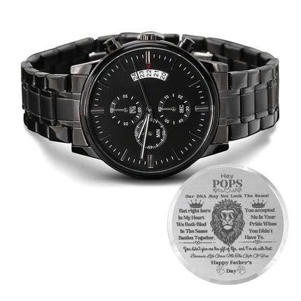 Engraved Chronograph Watch on white background.