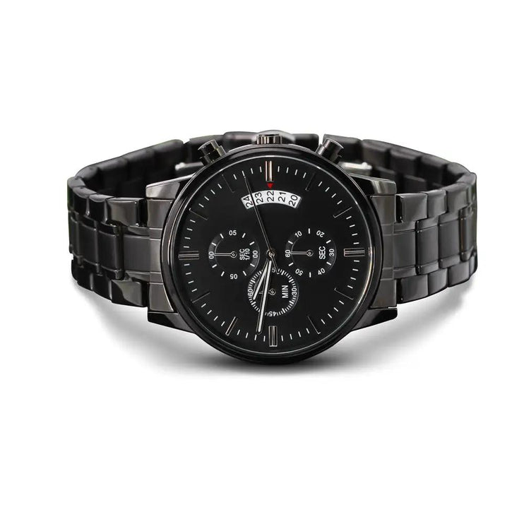 black chronograph watch on blank canvas