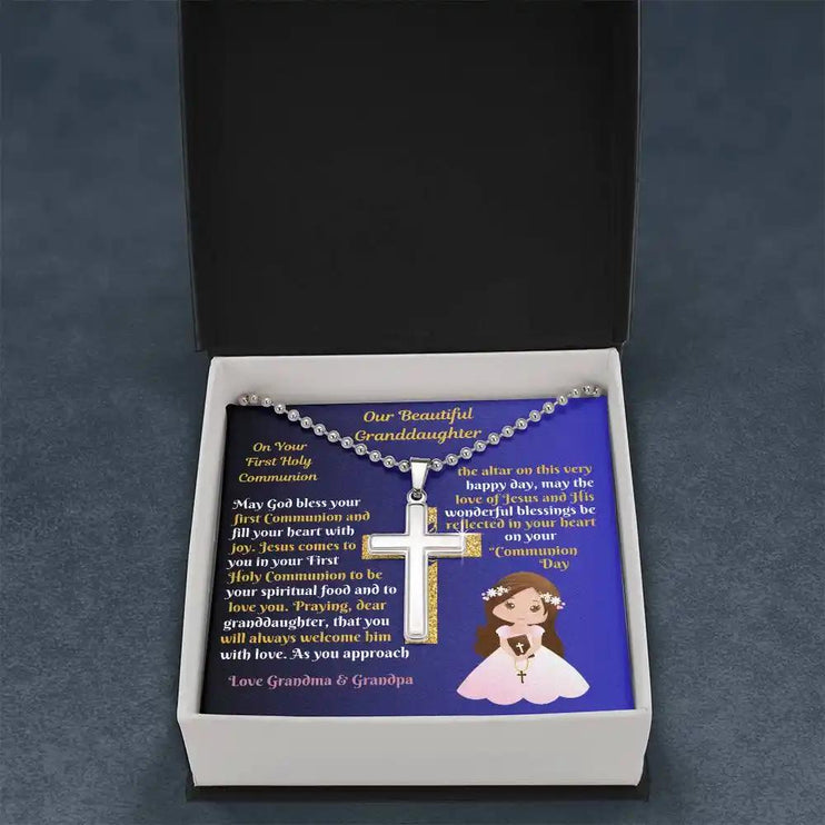 cross on ball chain necklace in two-tone box laying down