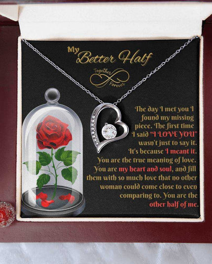 white gold forever love necklace in a luxury box birds eye view