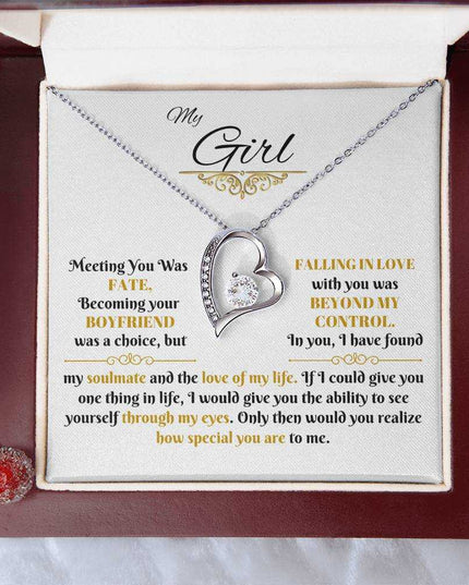 white gold forever love necklace in a luxury box up close