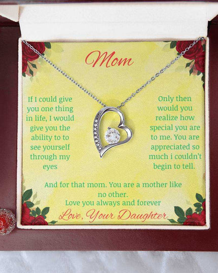 Forever Love Necklace with greeting card to mom with mahogany box in white gold