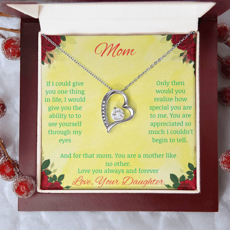 Forever Love Necklace with greeting card to mom with mahogany box in white gold
