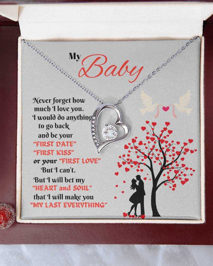 white gold forever love necklace in a luxury box up close