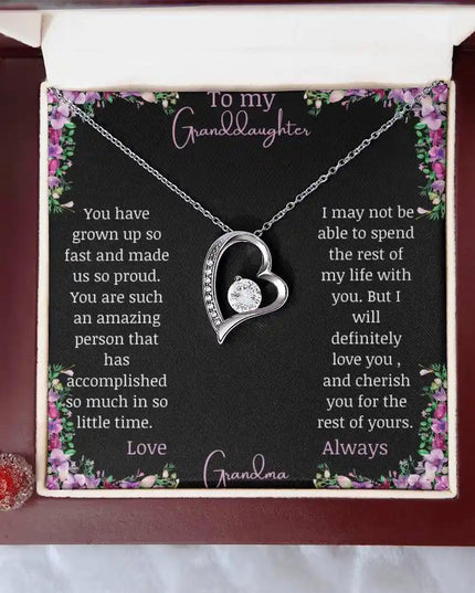 Forever Love Necklace with a white gold charm on a for granddaughter from grandpa greeting card in a mahogany box 
