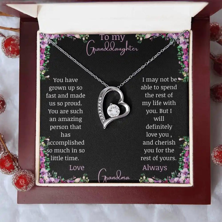 Forever Love Necklace with a white gold charm on a for granddaughter from grandpa greeting card in a mahogany box 