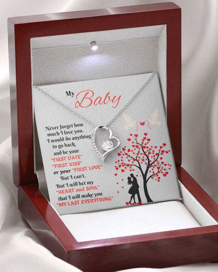 white gold forever love necklace in a luxury box with LED light on