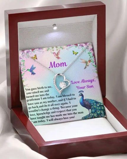 white gold forever love necklace in mahogany box angled left