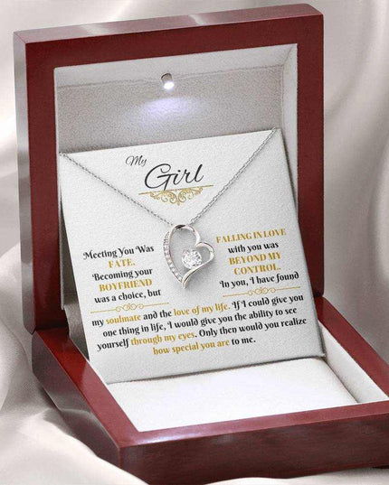 white gold forever love necklace in a luxury box with LED light on