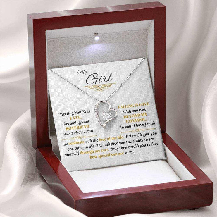 white gold forever love necklace in a luxury box with LED light on