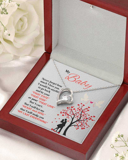 white gold forever love necklace in a luxury box angled right