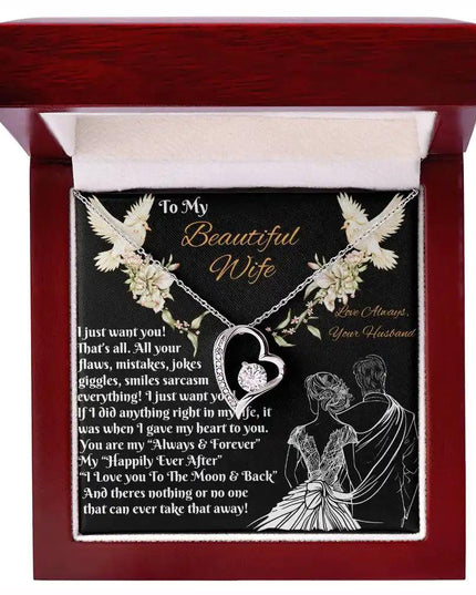 white gold forever love necklace in a mahogany box