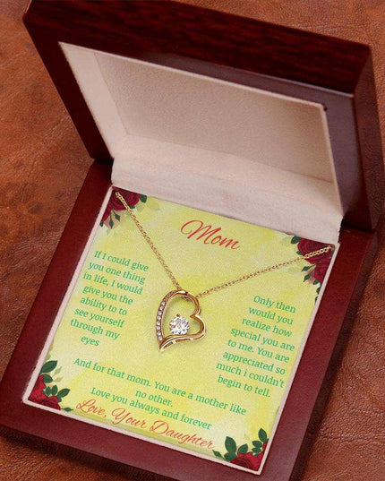 Forever Love Necklace with greeting card to mom with mahogany box in yellow gold