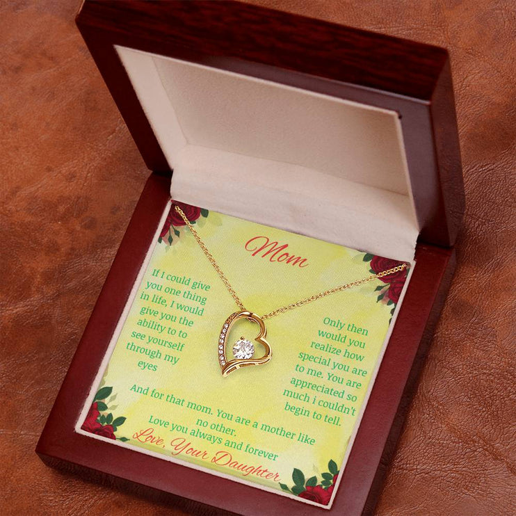 Forever Love Necklace with greeting card to mom with mahogany box in yellow gold
