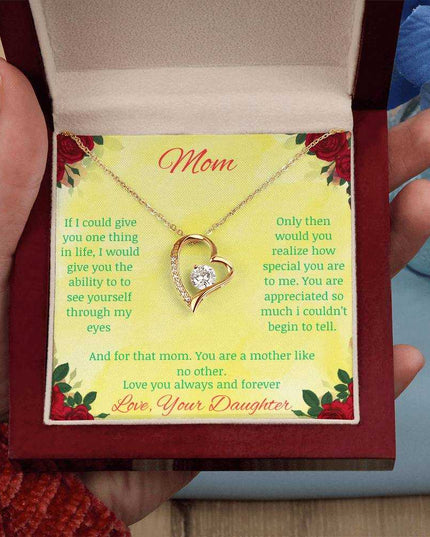 Forever Love Necklace with greeting card to mom with mahogany box in yellow gold