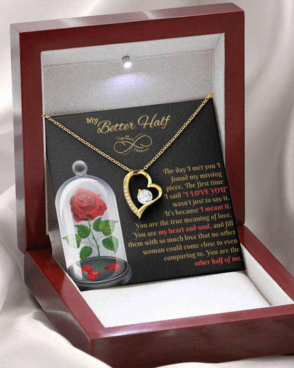 yellow gold forever love necklace in luxury box angled left