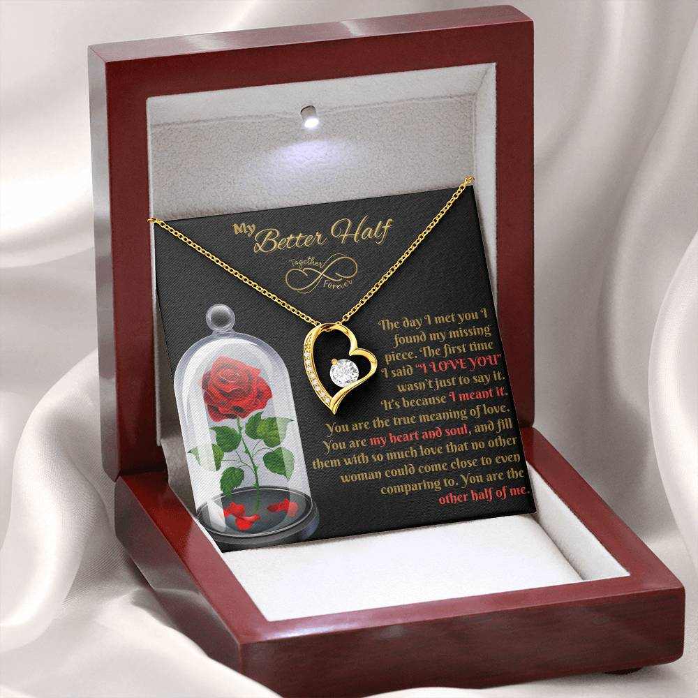 yellow gold forever love necklace in luxury box angled left