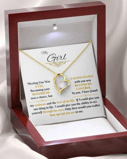 gold forever love necklace in a luxury box with LED light on