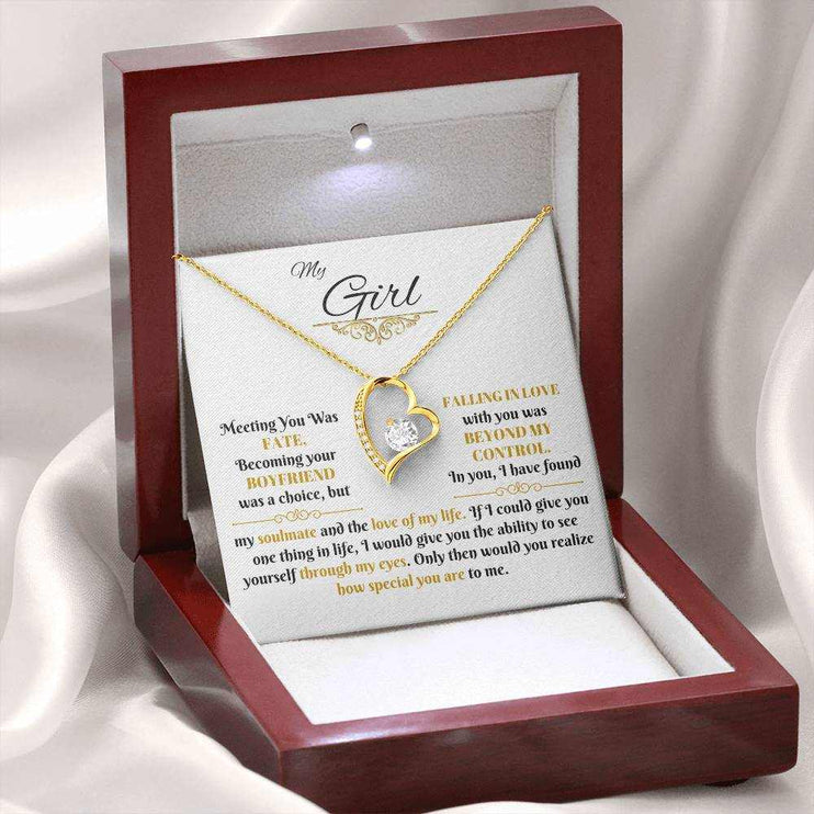 gold forever love necklace in a luxury box with LED light on