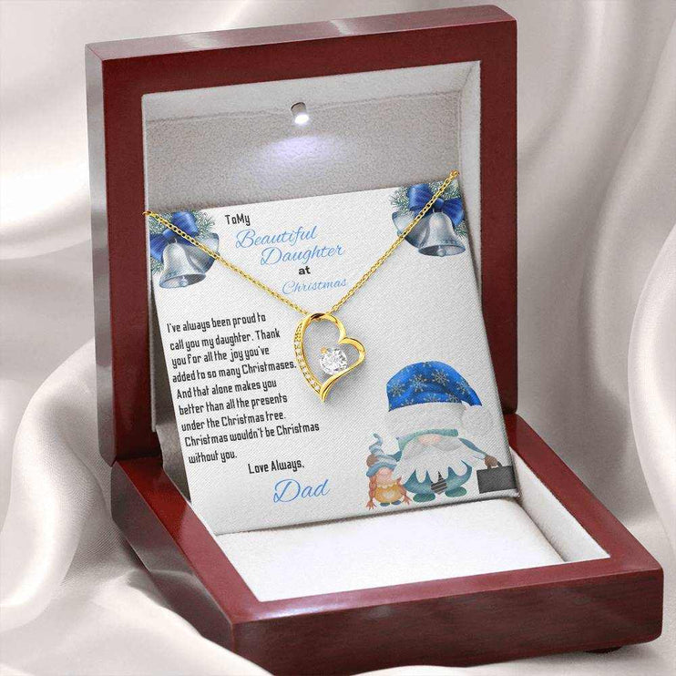 yellow gold forever love necklace in a luxury box with LED light on