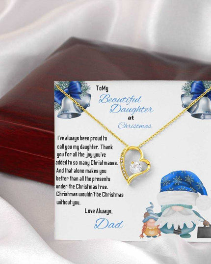 yellow gold forever love necklace outside of a closed a luxury box