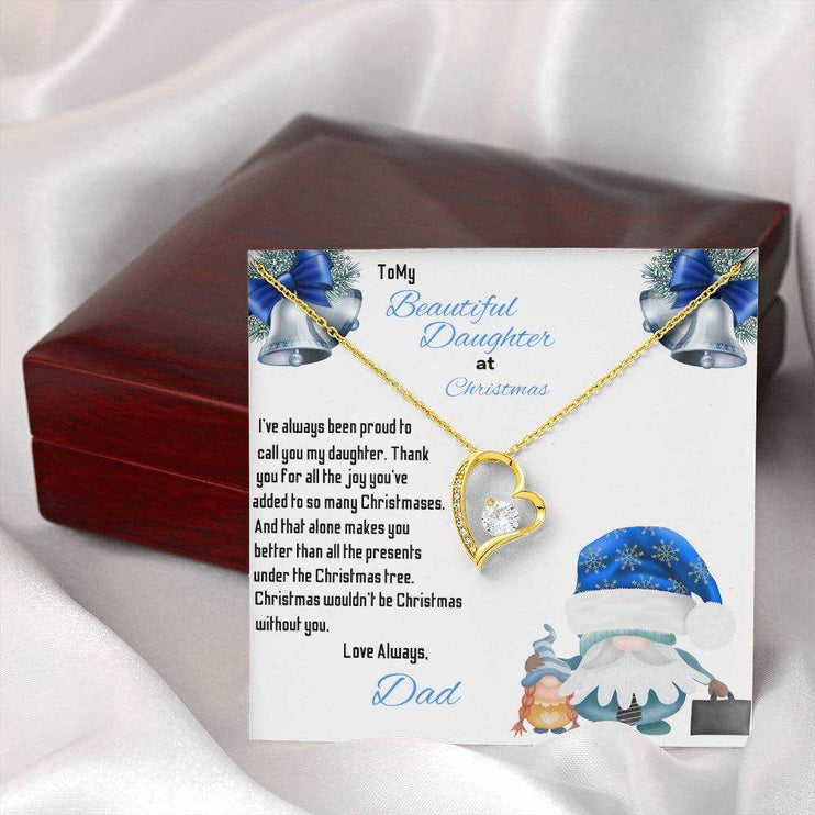 yellow gold forever love necklace outside of a closed a luxury box