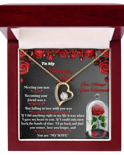 yellow gold forever love necklace in mahogany box