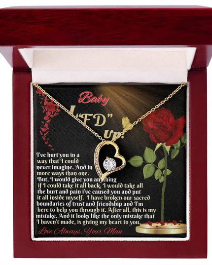 yellow gold forever love necklace in mahogany box
