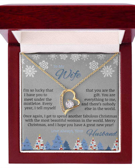 yellow gold forever love necklace in luxury box up close