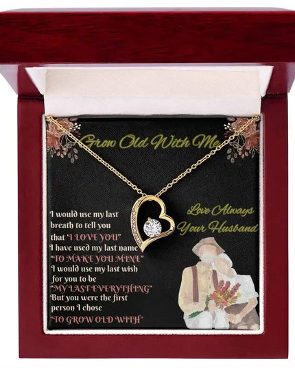 yellow gold forever love necklace in mahogany box