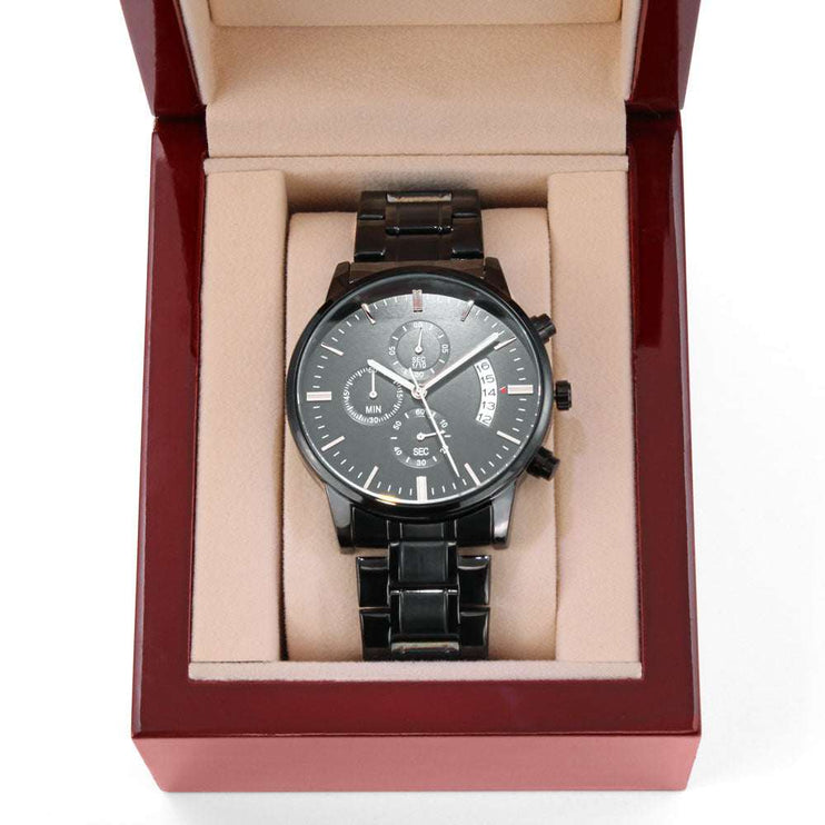 chronograph watch engraved in a luxury box