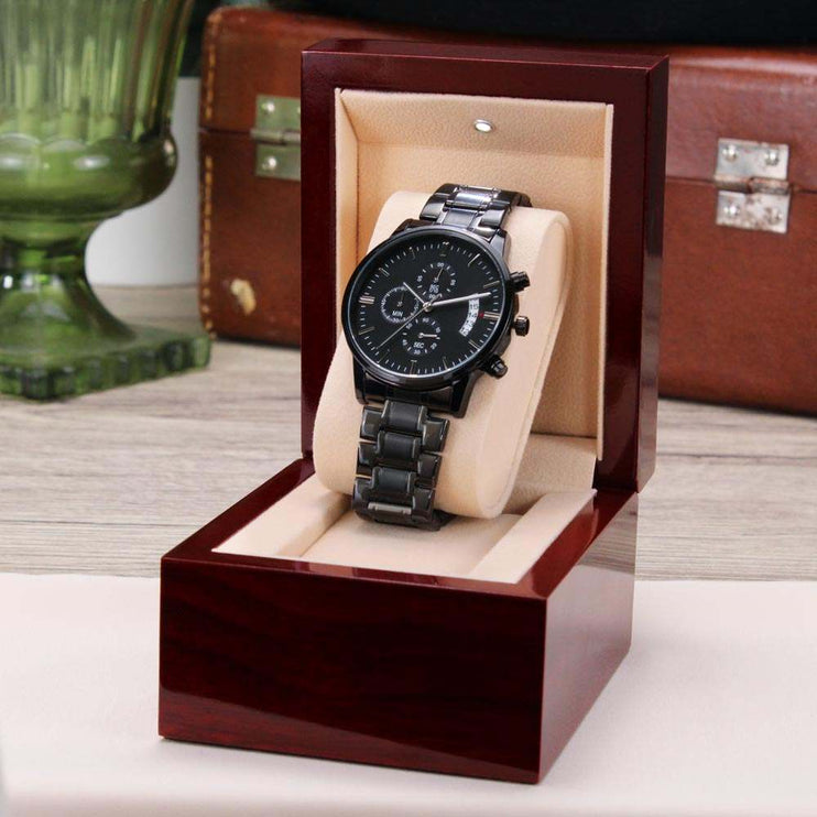 chronograph watch engraved in a luxury box