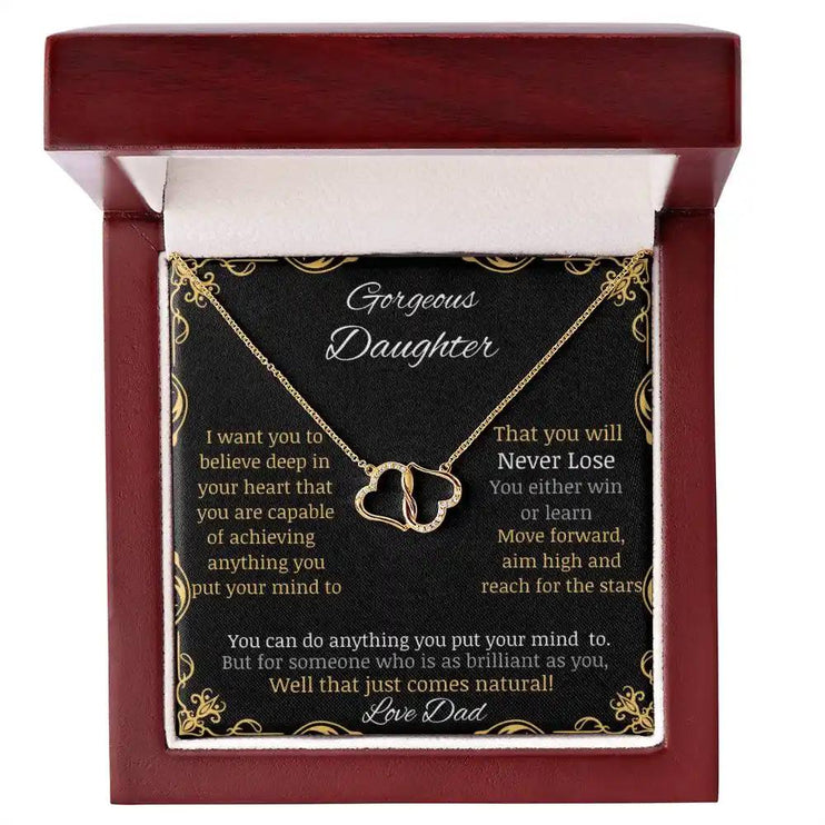 Everlasting Love Necklace with 10k charm in a mahogany box with LED light angle 1 