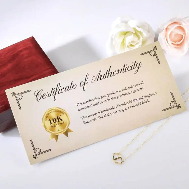 A picture of a certificate of authenticity for the everlasting love necklace