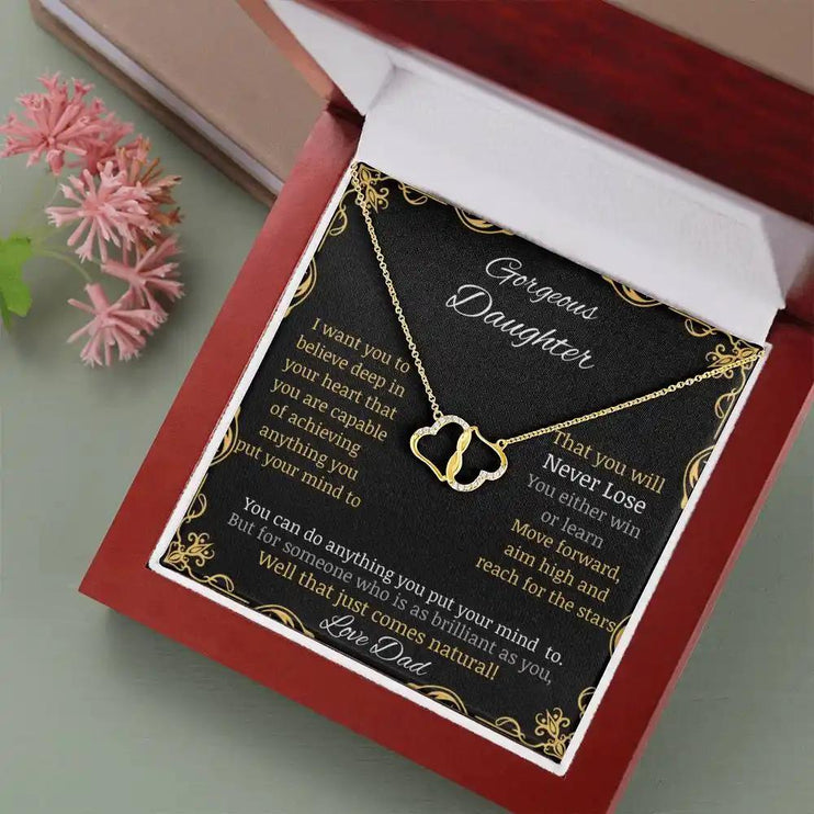 Everlasting Love Necklace with 10k charm in a mahogany box with LED light angle 3 