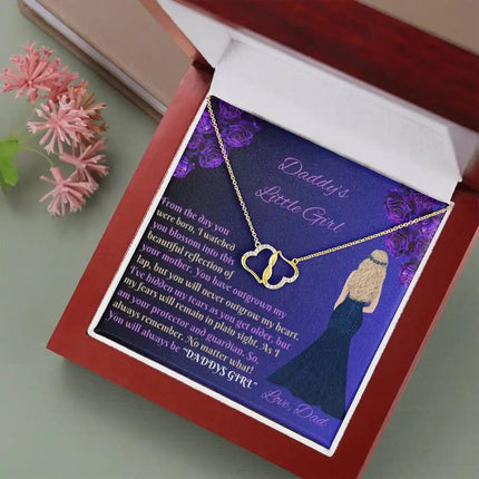 everlasting love necklace in a mahogany box angled right
