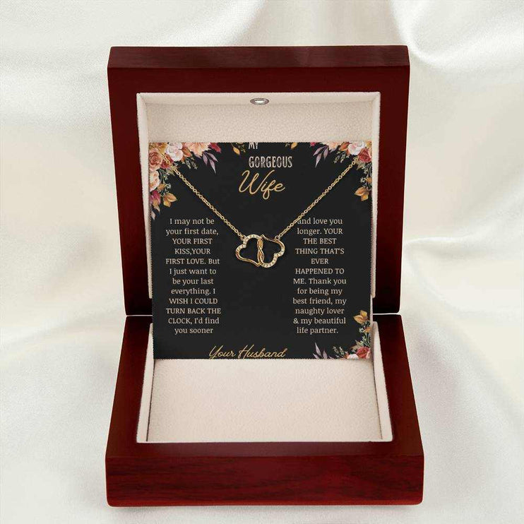  A 10k gold Everlasting Love Necklace in a mahogany box with a to wife greeting card